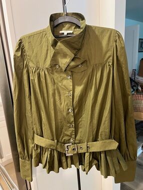 Kenzo Olive Green Ruffled Button-Front Blouse with Belt buttons up sz 34
